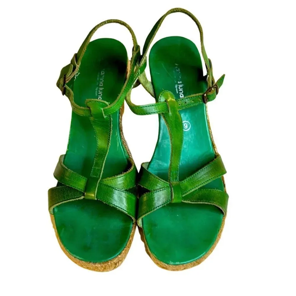 Marina Luna Vintage Green Leather T-Strap Espadrille